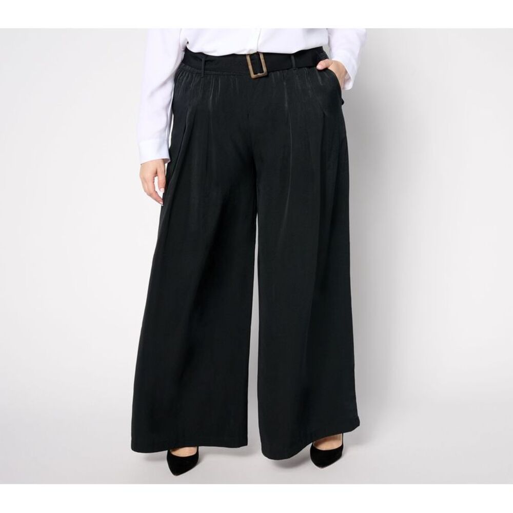 Studio Park Women's Pants Sz L Tall Pleated Wide Leg Pant Self Belt Black